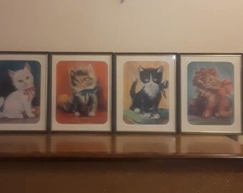 1960's Kätzchen Lithographien von R.F. Harnette, 4er-Set, 30,5 x 35 cm Druck gerahmt