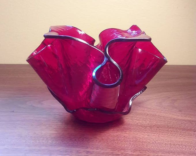 Red Art Glass Handkerchief Vase/ Candy Dish Signed Etsy