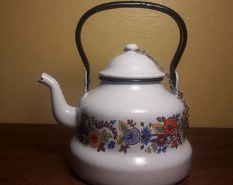 Mid Century Modern Enamelware Teapot - Swedish floral design - 1970's - Made by ERO of Romania