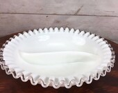 Fenton Ruffle Divided Glass Serving Bowl White Silvercrest 9 quot Round Dish Vintage 1970 39 s Mint Condition