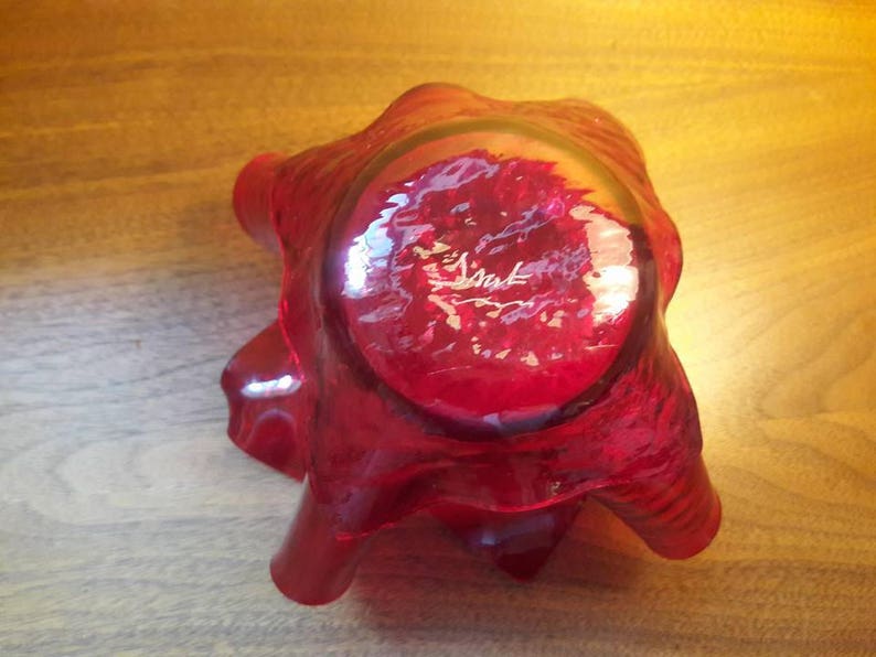 One of a kind! Red Art Glass Handkerchief Vase Candy Dish Signed Textured Glass Mid Century