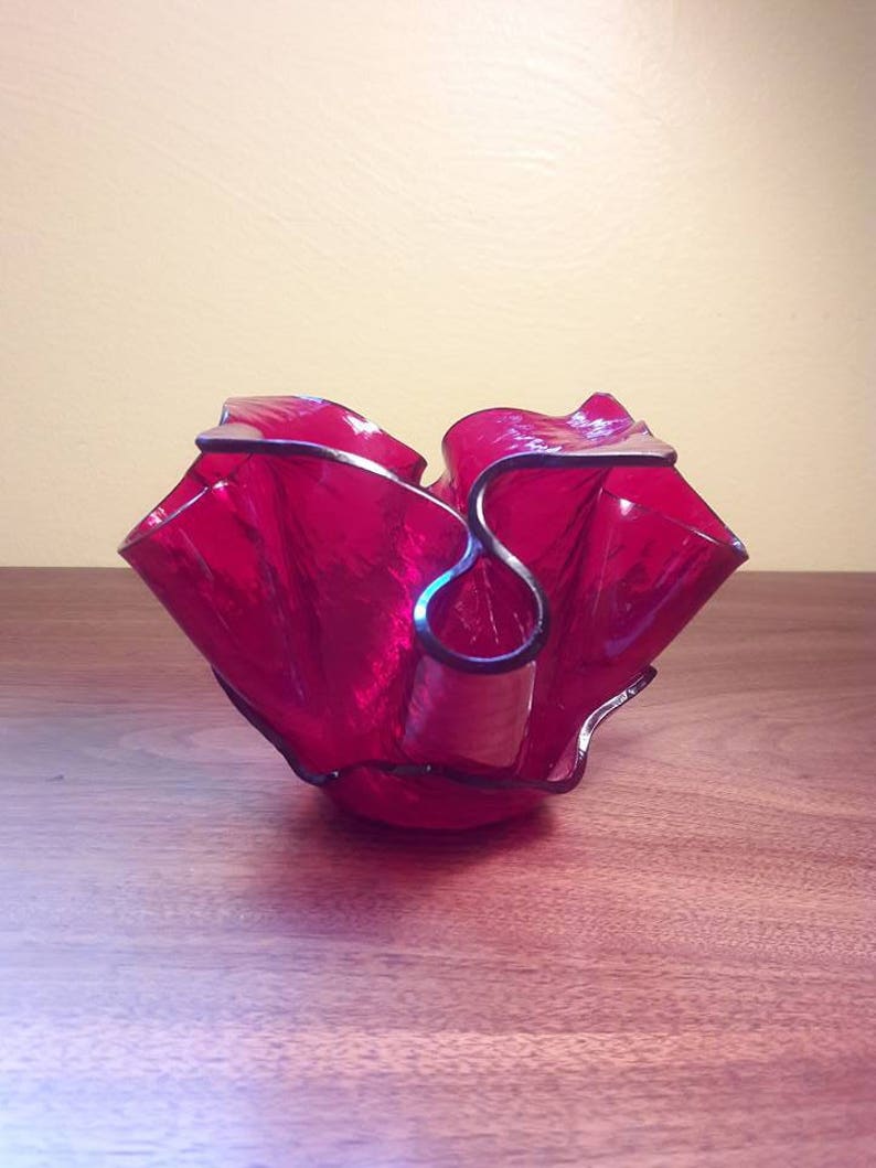 One of a kind! Red Art Glass Handkerchief Vase Candy Dish Signed Textured Glass Mid Century