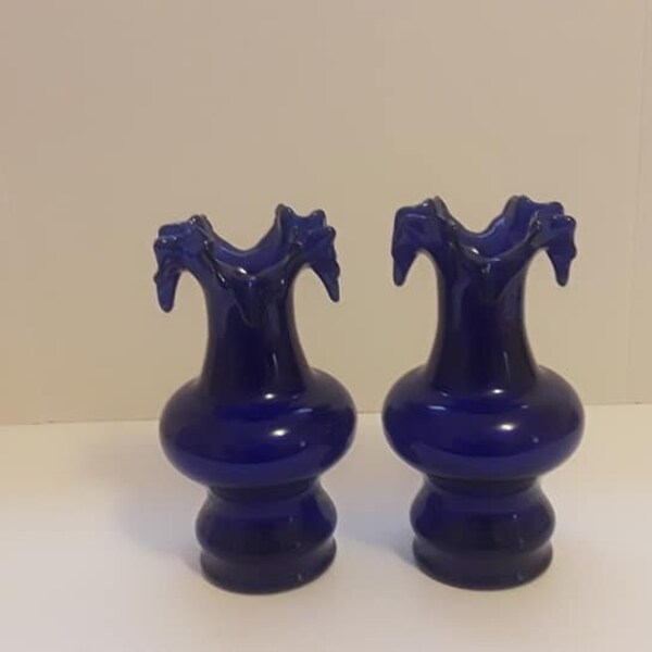 MCM Pair of cobalt blue Art Glass Vases - Abstract Waterfall ruffled top - VG to Ex Condition - 1960's