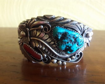 VTG Navajo Coral Turquoise Peyote Flower Garden Silver Ladies Bracelet - VG Condition - 1970's