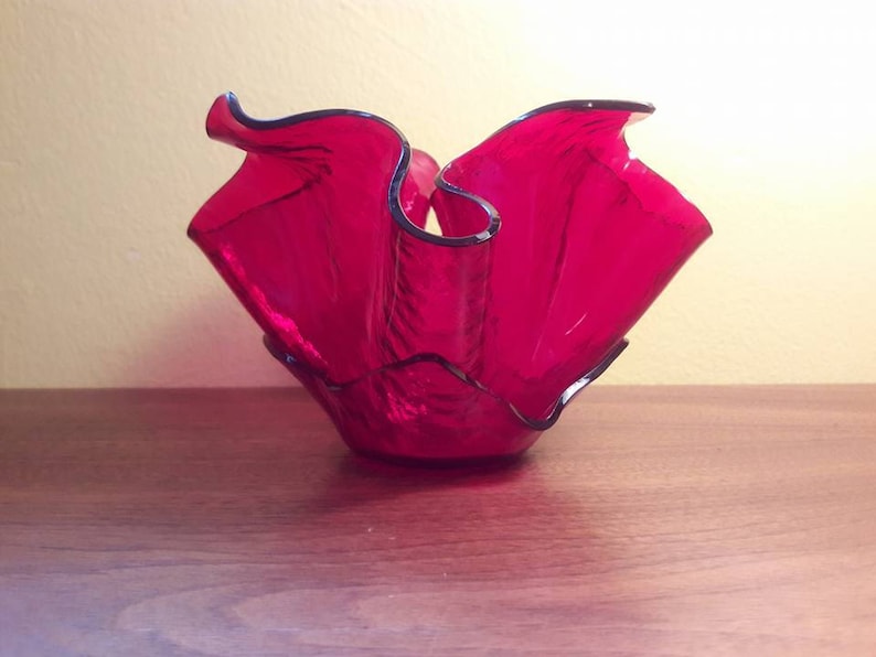 One of a kind! Red Art Glass Handkerchief Vase Candy Dish Signed Textured Glass Mid Century