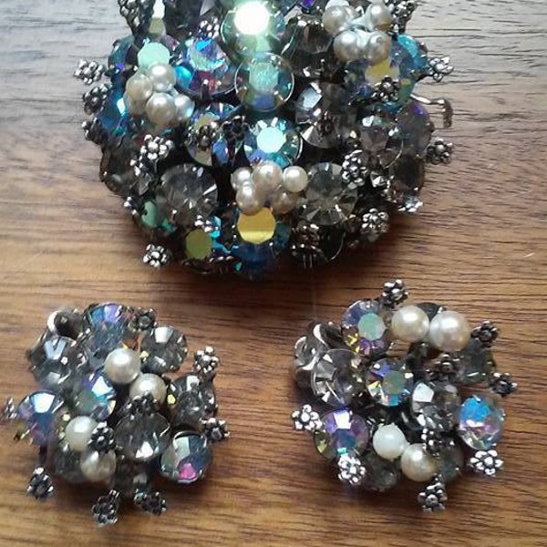 In the Manner of Miriam Haskell Brooch & Earrings with Seed Pearls, Aurora Borealis