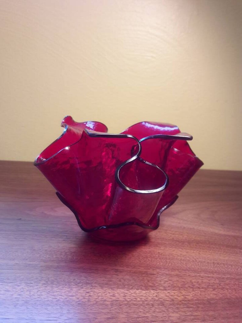 One of a kind! Red Art Glass Handkerchief Vase Candy Dish Signed Textured Glass Mid Century