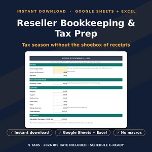 Könnte beinhalten: Eine digitale Buchhaltungs- und Steuervorbereitungstabelle für Google Sheets und Excel. Die Benutzeroberfläche zeigt eine jährliche Steuerübersicht für 2026 mit Abschnitten für Einnahmen, Warenkosten, Ausgaben und Nettogewinnberechnungen.