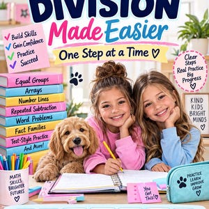 Könnte beinhalten: Ein pädagogisches Arbeitsbuch für die 3. Klasse mit dem Titel The Practice Table Division Made Easier. Das Cover enthält Text, einen Stapel bunter Bücher und Symbole, die mathematische Konzepte wie gleiches Teilen und Arrays darstellen.