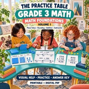 May include: A Grade 3 Math Foundations Volume 1 practice table with blue base-ten blocks, number line worksheets, and math problems. Two children work at the table with a French bulldog and a cat nearby. Text includes The Practice Table Grade 3 Math.