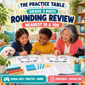 May include: A Grade 3 math rounding review worksheet featuring number lines for rounding to the nearest 10 and 100. The educational material includes text stating The Practice Table, Grade 3 Math, Rounding Review, Nearest 10 & 100.
