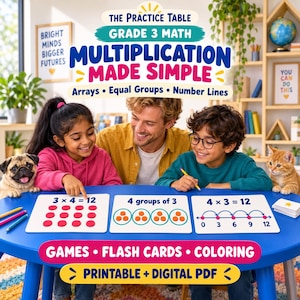 以下が含まれることがあります： 小学3年生向けの掛け算学習セット。The Practice Table, Multiplication Made Simple, Arrays, Equal Groups, Number Lines, Games, Flash Cards, Coloring, Printable + Digital PDFという文字が青いテーブルの上に表示されています。
