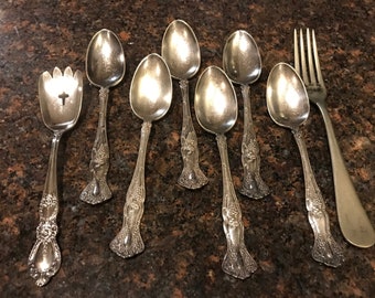 Vintage Silver Plated Spoons Teaspoons for Crafts (6) plus butter spoon, fork.  Odd lot