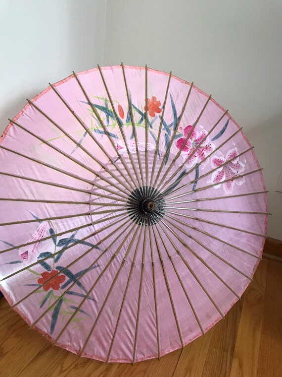 Vintage Silk Hand-painted Parasol Pink Bamboo Japa