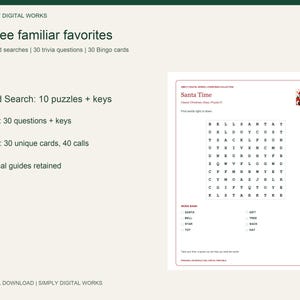 May include: A digital download set titled Three familiar favorites featuring 10 word searches, 30 trivia questions, and 30 bingo cards. The document includes a Santa Time word search puzzle with a word bank and a small Santa Claus illustration.