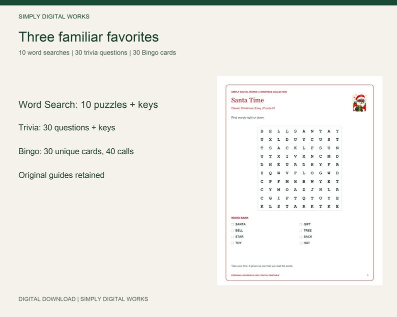 May include: A digital download set titled Three familiar favorites featuring 10 word searches, 30 trivia questions, and 30 bingo cards. The document includes a Santa Time word search puzzle with a word bank and a small Santa Claus illustration.