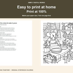 Puede incluir: Un conjunto de p&aacute;ginas para colorear digitales titulado Thanksgiving Together de Simply Digital Works. Incluye una gu&iacute;a de impresi&oacute;n y una ilustraci&oacute;n en blanco y negro de dos ratones horneando en una cocina con una calabaza.