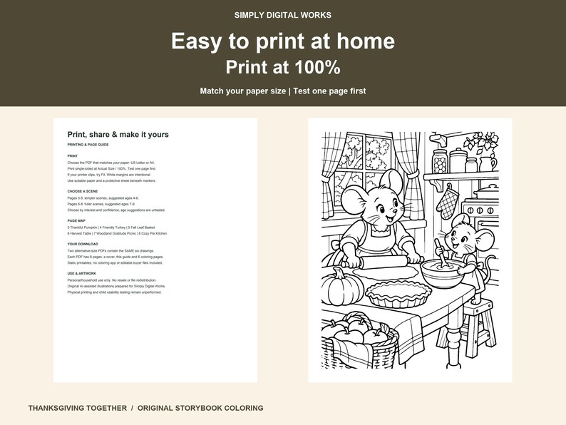 Puede incluir: Un conjunto de p&aacute;ginas para colorear digitales titulado Thanksgiving Together de Simply Digital Works. Incluye una gu&iacute;a de impresi&oacute;n y una ilustraci&oacute;n en blanco y negro de dos ratones horneando en una cocina con una calabaza.