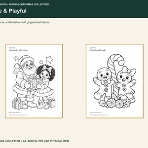 May include: Two black and white coloring pages titled Santa and a little helper and Gingerbread friends. The first page shows Santa with a child holding a gift. The second page features two gingerbread cookies and a candy cane.