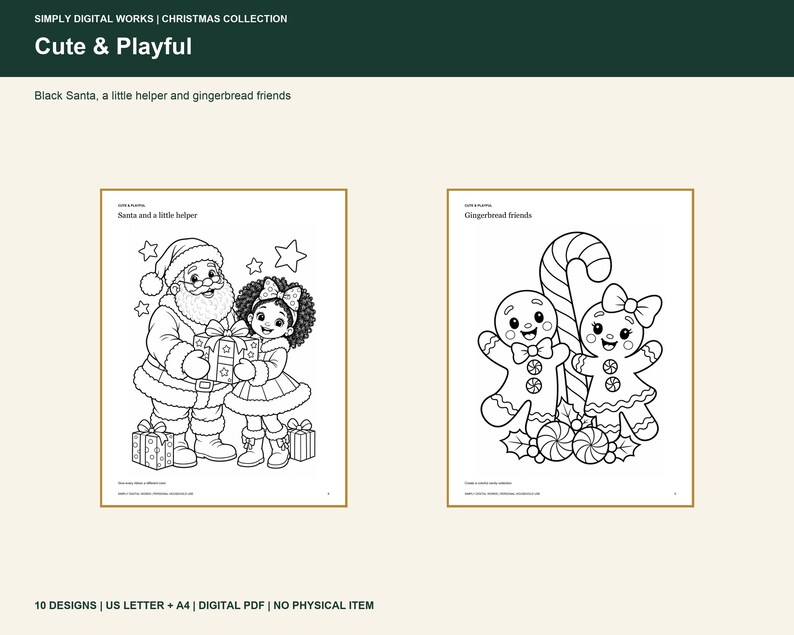 May include: Two black and white coloring pages titled Santa and a little helper and Gingerbread friends. The first page shows Santa with a child holding a gift. The second page features two gingerbread cookies and a candy cane.