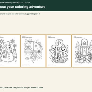 May include: A digital coloring book collection titled Simply Digital Works Christmas Collection Choose your coloring adventure. Four pages feature black and white line art of a snowman, holiday ornaments, gingerbread figures, and a lantern.