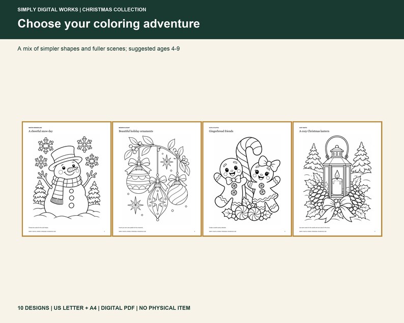 May include: A digital coloring book collection titled Simply Digital Works Christmas Collection Choose your coloring adventure. Four pages feature black and white line art of a snowman, holiday ornaments, gingerbread figures, and a lantern.