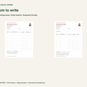 May include: Two printable planner pages titled Gift recipient planner and Gift purchase ledger. Each page features white writing areas, a grid table, and a small Santa Claus graphic. Text includes Simply Digital Works and Room to write.