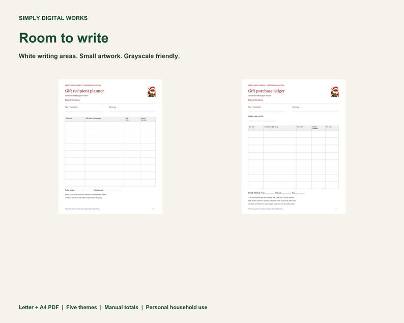 May include: Two printable planner pages titled Gift recipient planner and Gift purchase ledger. Each page features white writing areas, a grid table, and a small Santa Claus graphic. Text includes Simply Digital Works and Room to write.