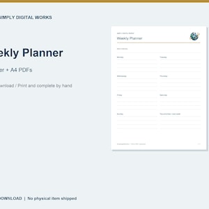 Puede incluir: Una plantilla de planificador semanal digital con el texto Simply Digital Works, Weekly Planner, US Letter + A4 PDFs y Digital download. El diseño incluye secciones de lunes a domingo y las prioridades de la semana.