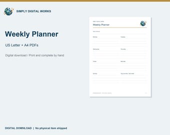 May include: A digital weekly planner template featuring the text Simply Digital Works, Weekly Planner, US Letter + A4 PDFs, and Digital download. The layout includes sections for Monday through Sunday and top priorities for the week.