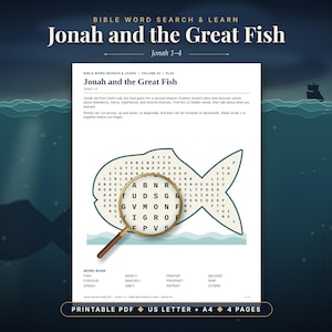 Puede incluir: Una hoja de actividades de búsqueda de palabras bíblicas titulada Jonah and the Great Fish, con una cuadrícula de letras en forma de pez parcialmente cubierta por una lupa y una lista de palabras como Fish, Mercy y Prayer.