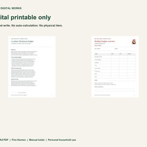 May include: A digital printable Christmas budget planner set featuring two white pages with black text. The first page is titled A calmer Christmas budget with instructions, and the second page is a Holiday budget overview table with a small Santa icon.