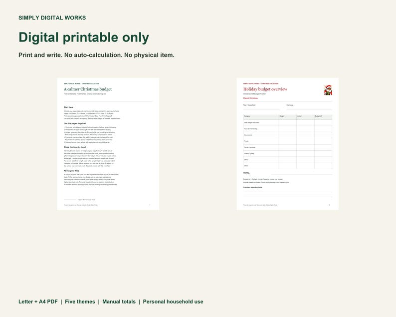 May include: A digital printable Christmas budget planner set featuring two white pages with black text. The first page is titled A calmer Christmas budget with instructions, and the second page is a Holiday budget overview table with a small Santa icon.