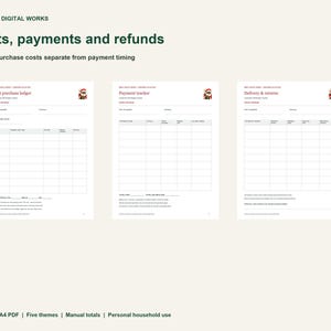 May include: Three digital planning sheets titled Simply Digital Works Gifts, payments and refunds. The pages include a Gift purchase ledger, Payment tracker, and Delivery & returns, each featuring a small Santa icon and grid tables.
