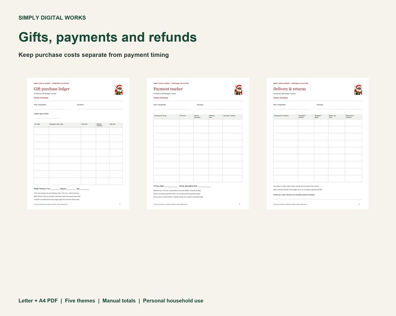 May include: Three digital planning sheets titled Simply Digital Works Gifts, payments and refunds. The pages include a Gift purchase ledger, Payment tracker, and Delivery & returns, each featuring a small Santa icon and grid tables.
