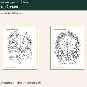 May include: Two black and white coloring pages featuring holiday themes. The left page shows three hanging ornaments with bows and stars. The right page displays a botanical wreath with a central star and a large bow at the bottom.