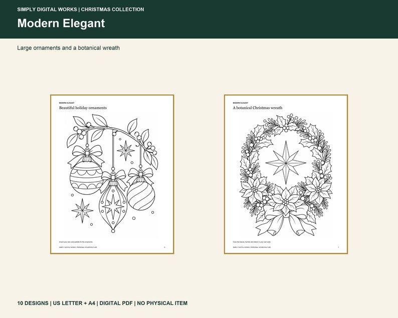 May include: Two black and white coloring pages featuring holiday themes. The left page shows three hanging ornaments with bows and stars. The right page displays a botanical wreath with a central star and a large bow at the bottom.