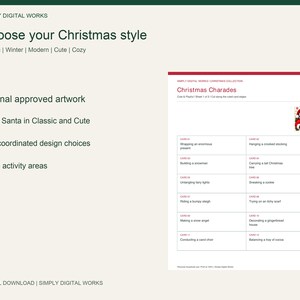 May include: A digital download sheet titled Christmas Charades by Simply Digital Works. The page features a grid of twelve game cards with prompts like Wrapping an enormous present and Sneaking a cookie, plus a small illustration of Santa.