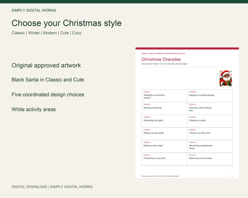 May include: A digital download sheet titled Christmas Charades by Simply Digital Works. The page features a grid of twelve game cards with prompts like Wrapping an enormous present and Sneaking a cookie, plus a small illustration of Santa.