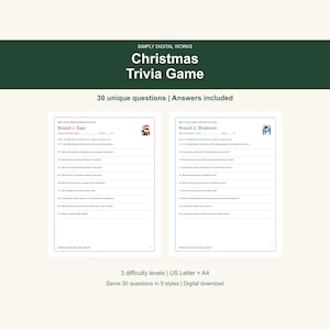 Puede incluir: Un juego de trivia navideño digital que consta de dos páginas blancas con texto en negro. El encabezado dice Simply Digital Works Christmas Trivia Game. Las páginas incluyen Round 1: Easy y Round 2: Moderate con diez preguntas cada una, además de líneas para nombre, equipo y puntuación.
