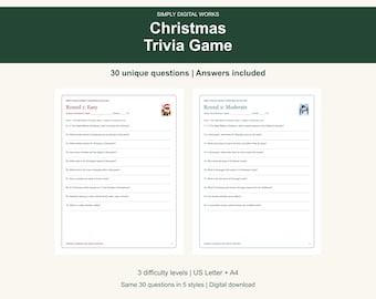 May include: A digital Christmas trivia game set featuring two white pages with black text. The header reads Simply Digital Works Christmas Trivia Game. The pages include Round 1: Easy and Round 2: Moderate with ten questions each, plus lines for name, team, and score.