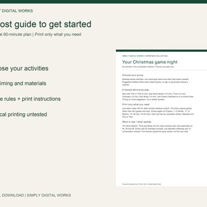May include: A digital host guide for a Christmas game night by Simply Digital Works. The document includes sections for choosing activities, planning timing, and printing instructions, with a detailed guide page on the right side.