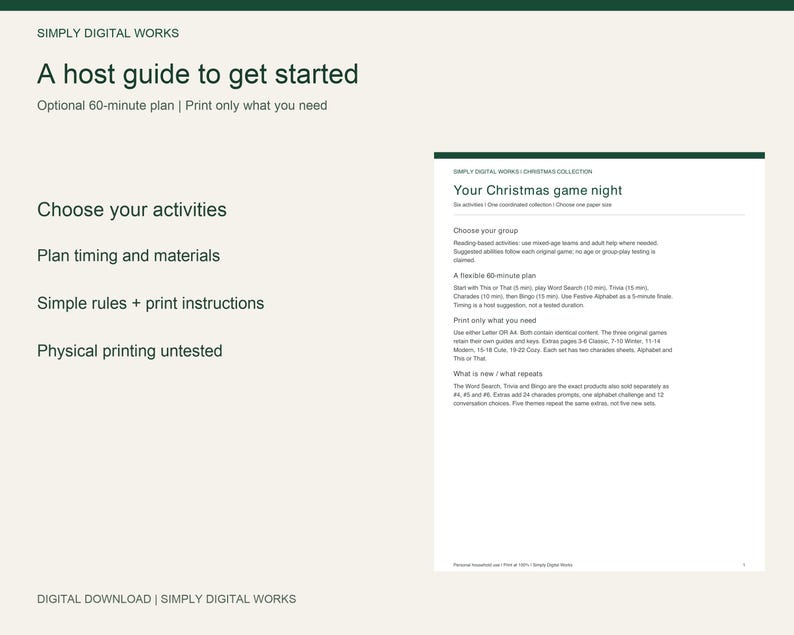 May include: A digital host guide for a Christmas game night by Simply Digital Works. The document includes sections for choosing activities, planning timing, and printing instructions, with a detailed guide page on the right side.