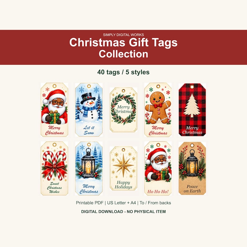 May include: A collection of Christmas gift tags featuring ten distinct designs including Santa Claus, a snowman, a wreath, a gingerbread man, a red and black plaid tree, candy canes, a lantern, a star, and text like Merry Christmas.