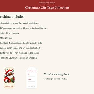 May include: A digital Christmas gift tag collection featuring 40 designs. Text includes Simply Digital Works, Christmas Gift Tags Collection, Everything included, 40 unique designs, 10 PDF pages, US Letter 8.5 x 11 inches, A4 210 x 297 mm, 1.5 inches wide, and Ho Ho Ho.