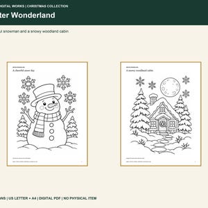 May include: Two digital coloring pages titled Winter Wonderland. One page features a snowman with a hat and scarf, the other a cabin in the woods with trees and a moon. Text includes Simply Digital Works, Christmas Collection, and 10 Designs.