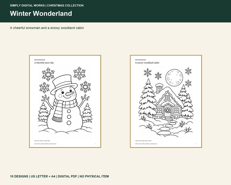 May include: Two digital coloring pages titled Winter Wonderland. One page features a snowman with a hat and scarf, the other a cabin in the woods with trees and a moon. Text includes Simply Digital Works, Christmas Collection, and 10 Designs.