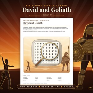 May include: A printable Bible word search activity sheet titled David and Goliath 1 Samuel 17. The page features a grid of letters, a magnifying glass highlighting a section, and a word bank including terms like Armor, Courage, and Faith.