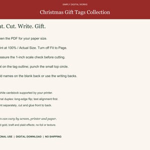 May include: A digital instruction sheet for a Christmas Gift Tags Collection. The text includes Simply Digital Works, Christmas Gift Tags Collection, Print. Cut. Write. Gift., and five numbered steps for printing, cutting, and using the tags.