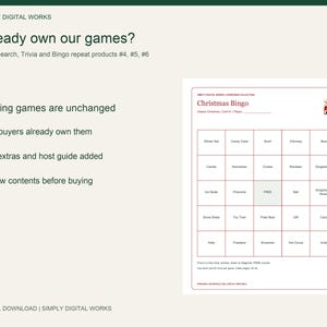 May include: A digital Christmas Bingo game card with a grid of holiday words, a Santa icon, and text reading Simply Digital Works, Already own our games, Word Search, Trivia and Bingo repeat products #4, #5, #6, Existing games are unchanged.